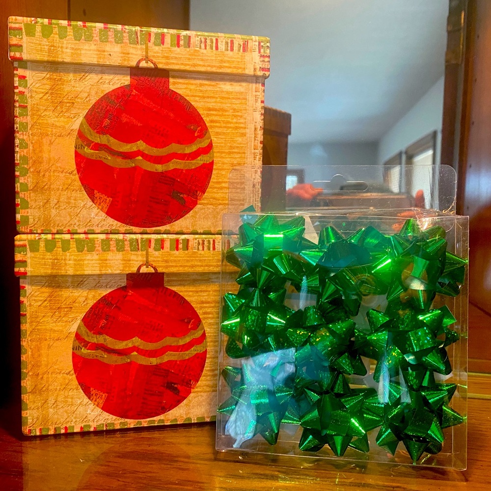 🎄LINDY BOWMAN🎄2 CHRISTMAS ORNAMENT DESIGNER GIFT BOXES & 9-CT MINI BOWS NWT🎁